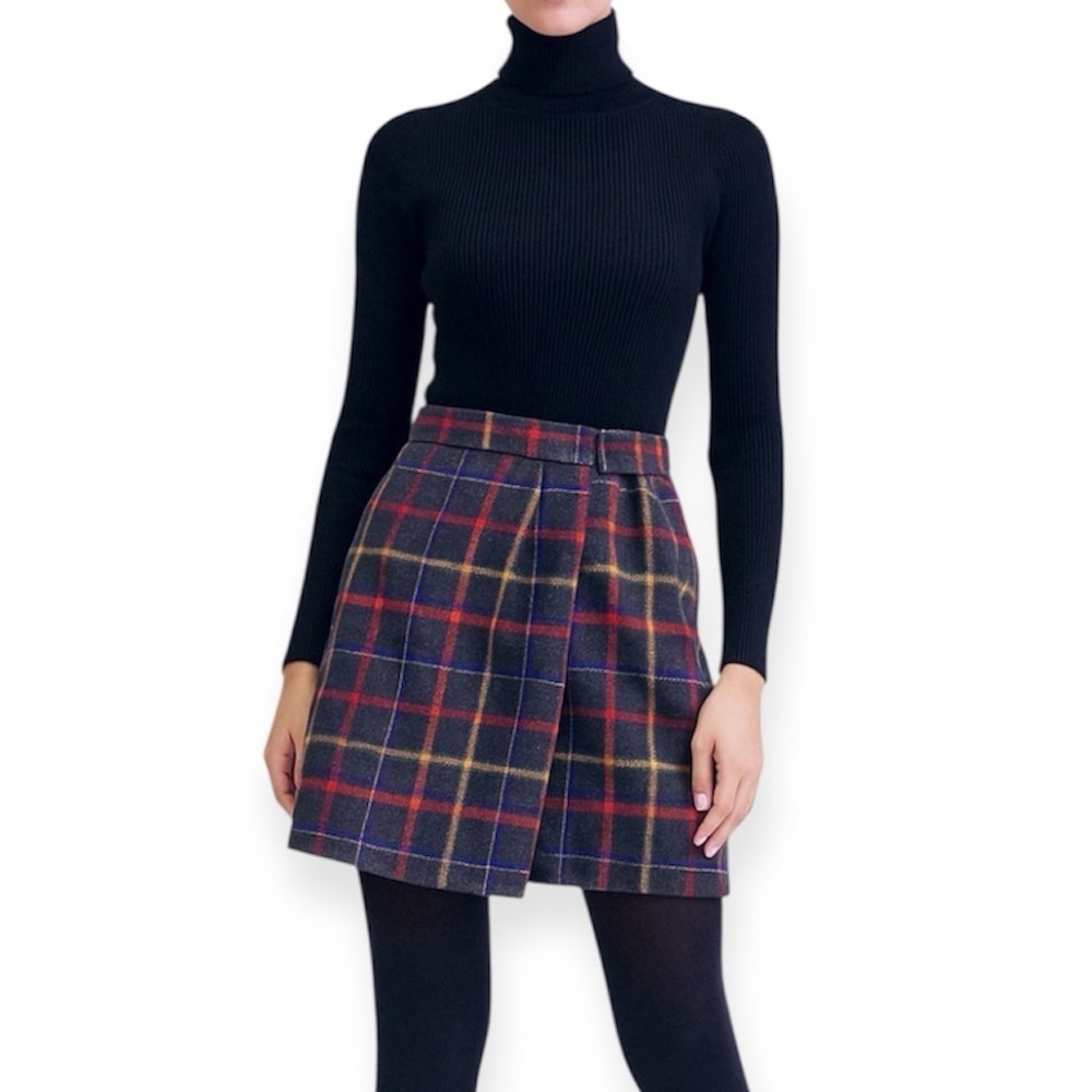 Vintage 90s Talbots petites plaid wrap wool mini skirt Holiday Fall Christmas